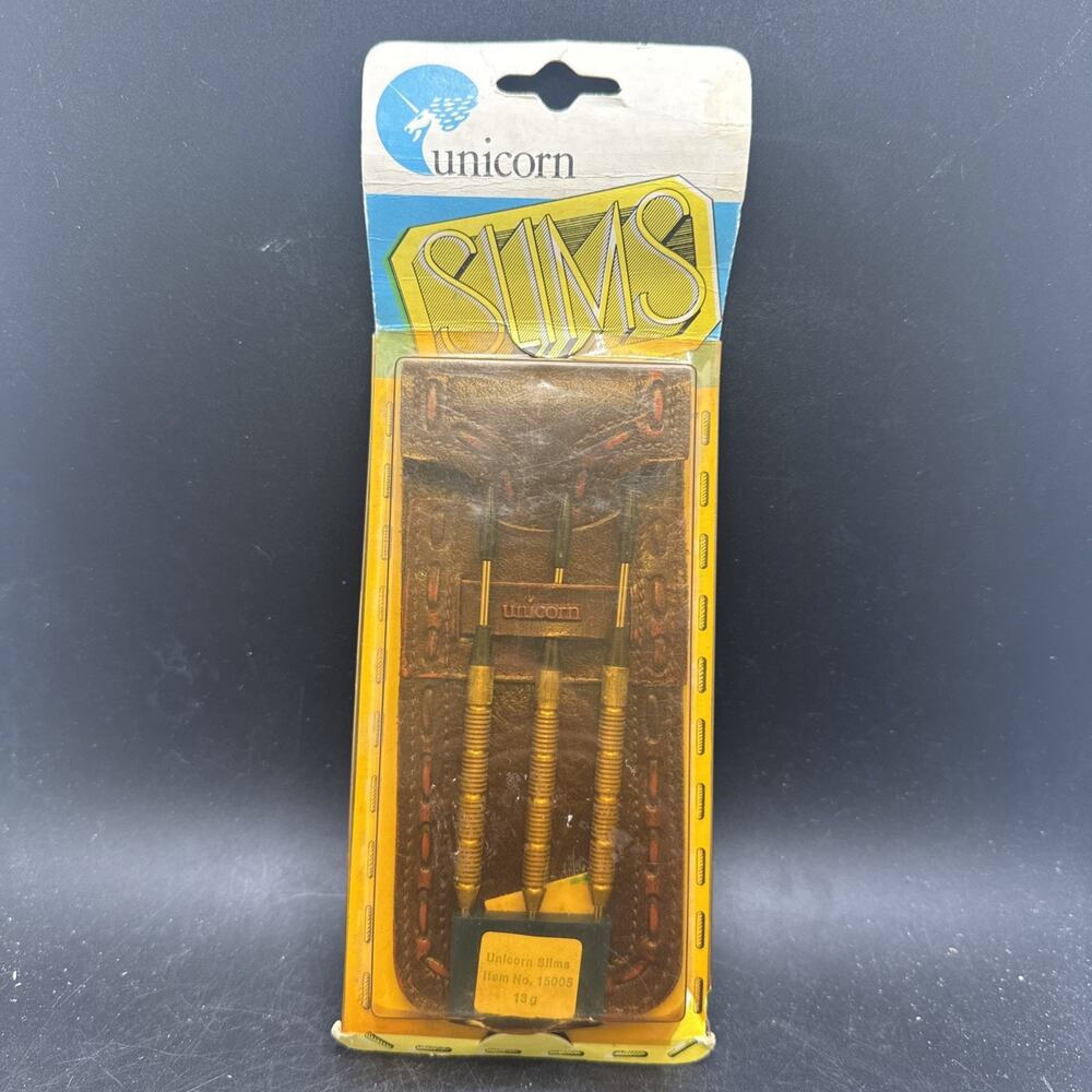 Vintage Unicorn Slims 13g Brass Steel Tip Darts Set No. 15005 Made England NOS